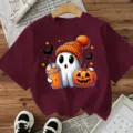 Halloween graphic tee short sleeve women casual cute ghost pumpkin print holiday top - Burgundy