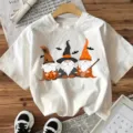 Damen weisses kurzarm T-Shirt mit niedlichem Halloween Zwerg Cartoon Print Freizeit Oberteil - S / Oberteile / Weiß