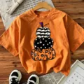 T-shirt femme manches courtes imprimé citrouille Halloween haut décontracté top. - Orange