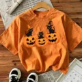 Halloween πορτοκαλί κοντομάνικο γυναικείο t-shirt, στρογγυλή λαιμόκοψη γάτα κολοκύθα top. - Πορτοκαλί