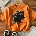Portokali Halloween T-shirt me print mavres gates kontomaniko casual top gia gynaikia. - Πορτοκαλί