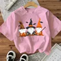 Niedliches Halloween Gnom Grafik rosa Kurzarm T-Shirt für Damen Freizeit Urlaub Party Oberteil - S / Oberteile / Rosa