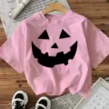 Pink Halloween pumpkin print short sleeve t-shirt casual top for women festival daily wear. - S / Tops / Pink