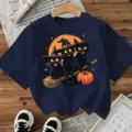 Halloween γυναικείο t-shirt μαύρη γάτα με καπέλο μάγισσας κοντομάνικο γραφικό top. - Ναυτικό μπλε
