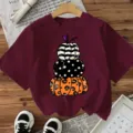 T-shirt femme manches courtes Halloween avec motif citrouille empilée amusant haut décontracté. - Bordeaux