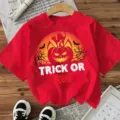 Rood Halloween t-shirt met korte mouwen en griezelige pompoenprint, feestelijke top. - S / Katoen Rood
