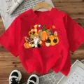 Dames Herfst Halloween Pompoen Print Korte Mouw Rood T-Shirt Casual Top Grafisch Tee - S / Tops / Gewassen Rood