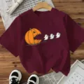 Halloween pumpkin ghost print short sleeve T-shirt, casual loose holiday top for women. - Burgundy