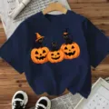 Halloween μαύρη γάτα και κολοκύθα γραφικό κοντομάνικο t-shirt γυναικείο casual top - Ναυτικό μπλε
