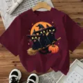 Γυναικείο κοντομάνικο t-shirt Halloween, casual μπλούζα με στρογγυλή λαιμόκοψη και μαύρη γάτα. - Μπορντό