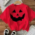 Halloween red short sleeve t-shirt with spooky pumpkin face graphic casual holiday festival top - S / Tops / Red