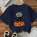 T-shirt à manches courtes imprimé citrouille empilée d'Halloween, haut décontracté pour femme. - Bleu marine