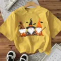 Halloween Niedliche Gnome Druck Kurzarm T-Shirt Lässige Lose Feiertag Festliche Oberteil - Gelb