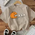 Casual women Halloween t-shirt cute pumpkin ghost print short sleeve beige oversized top - Apricot