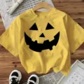 Halloween pumpkin face graphic short sleeve yellow t-shirt for women casual holiday top - Yellow