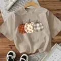 T-shirt à manches courtes imprimé citrouille d'automne pour femme haut de vacances - Abricot