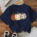 T-shirt à manches courtes et imprimé citrouille d'Halloween haut décontracté bleu foncé automne - Bleu marine