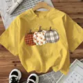 T-shirt à manches courtes imprimé citrouille d'Halloween jaune haut d'automne mode - Jaune