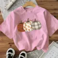 Roze casual t-shirt met korte mouwen en schattige herfst pompoen print voor dames. - S / Tops / Roze