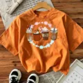 Women's Autumn Coffee Graphic Short Sleeve T-Shirt Casual Halloween Orange Top Tee - Cotton Orange