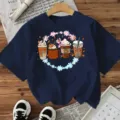 Women casual short sleeve t-shirt with coffee and pumpkin graphic print for casual everyday wear. - Cotton Navy Blue