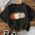 Zwart dames t-shirt met korte mouwen en schattige herfst pompoen grafische print top - S / Tops / Zwart