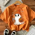 Mujeres Halloween camiseta manga corta naranja gracioso fantasma gráfico top - Naranja