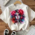 Dames Halloween Korte Mouw T-Shirt Casual Dag van de Doden Schedel Grafische Top - S / Tops / Wit