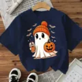 Camiseta de manga corta para mujer con estampado de fantasma de Halloween, top azul. - Estilo Algodón Marino