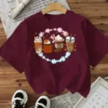 Women Halloween Fall Coffee Pumpkin Graphic Short Sleeve T-Shirt Casual Tee Top - Cotton Wine Red
