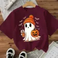 Halloween camiseta de manga corta con gráfico de fantasma lindo, parte superior. - Burdeos
