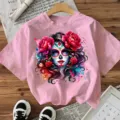 Roze korte mouwen t-shirt met Mexicaanse schedel print, perfect voor Halloween feestdag. - S / Tops / Roze
