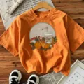 Orange short-sleeve T-shirt with autumn pumpkin and coffee graphic print, casual daily wear. - S / Cotton Orange