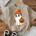 Camiseta de manga corta con estampado de fantasma de Halloween, top casual holgado. - Albaricoque