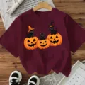 Γυναικείο Halloween T-Shirt Κοντομάνικο Χαριτωμένη Μαύρη Γάτα Κολοκύθα Casual Top - Μπορντό