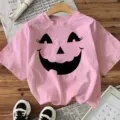 Leuke roze halloween pompoen gezicht print korte mouw t-shirt casual vrouwen vakantie top - S / Tops / Roze Katoen