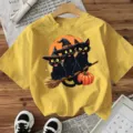 Γυναικείο κίτρινο κοντομάνικο T-shirt Halloween με τύπωμα γάτας casual γιορτινό τοπ - Κίτρινο