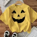 Κίτρινο T-Shirt με Στάμπια Προσώπου Halloween Κολοκύθας για Γυναικεία Εορταστική Ενδυμασία - Πλυμένο Κίτρινο