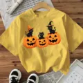 Γυναικείο Halloween T-Shirt Κονtoμάνικo Μαύρη Γάτα Κολοκύθα Γραφικό Κίτρινο Top - Κίτρινο