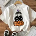Wit Halloween pompoen print korte mouw T-shirt, casual ronde hals katoenen top. - S / Tops / Wit