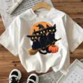 Halloween zwarte kat heks print korte mouw T-shirt voor vrouwen casual top kleding - S / Wit