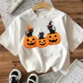 Halloween kat pompoen print korte mouw wit t-shirt casual vrouwen vakantie top kleding - S / Wit