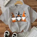 Halloween Wichtel Print Grau Kurzarm T-Shirt Damen Freizeit Festliche Oberteile Top - Grau