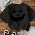Black Halloween short sleeve t-shirt with funny pumpkin face print for women festive party top. - S / Tops / Black