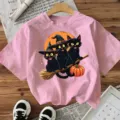 Roze casual damestshirt met korte mouwen en zwarte katten grafische print voor Halloween. - S / Roze