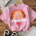 Dames roze Halloween korte mouw t-shirt casual top met enge pompoen zonsondergang grafische print. - S / Katoen Roze