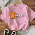 Roze Halloween T-shirt met grappige pompoen en spook grafische print, casual top korte mouw. - S / Roze