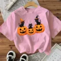 Mooie Roze Halloween Zwarte Kat Pompoen Print Korte Mouw T-Shirt Casual Dames Top - S / Roze