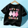 Schwarzes Kinder Kurzarm T-Shirt mit süßem Halloween Geist Grafik in der Hauptansicht - 110cm / Baumwolle Schwarz