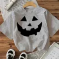 Grey Halloween Pumpkin Face Print Short Sleeve T-Shirt Women Casual Holiday Festival Tee Top - Gray